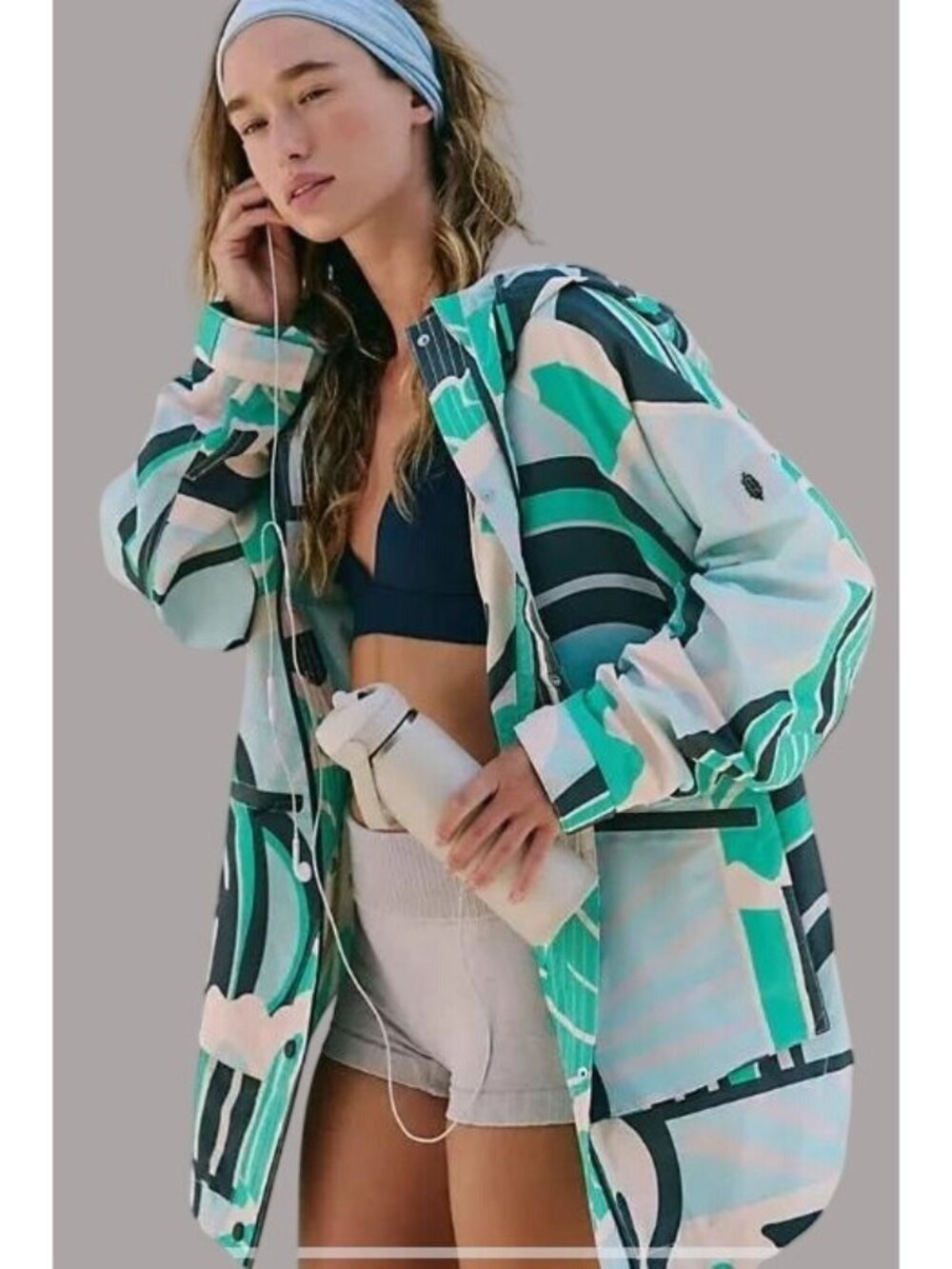 Free People Recycled Eclectic Hooded Rain Jacket S-L Green & Grey Abstract